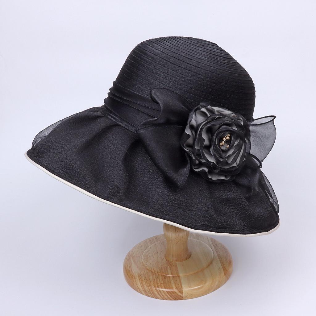 Summer travel visor breathable bucket hat summer ladies foldable sunscreen basin hat organza big flower elegant