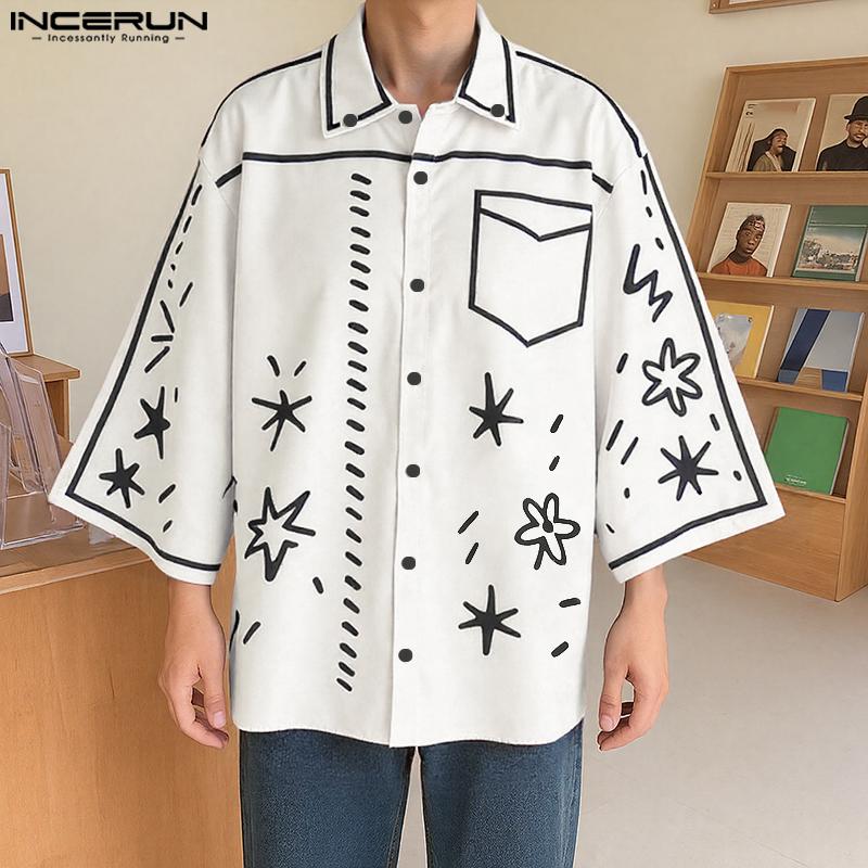 INCERUN Oversized Summer Men Lapel Neck 3/4 Sleeve Cartoon Print Casual Loose Shirts