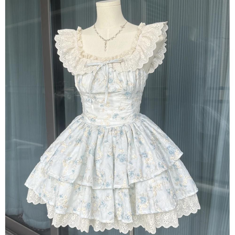 Summer Sweet and Gentle Wind Lace Floral Small Flying Sleeve Dress Waist Thin Splicing A Word Princess Tutu