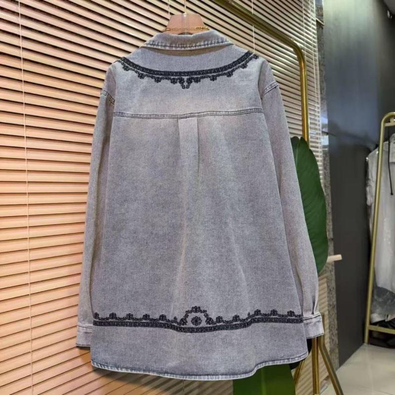 Embroidered lace lapel long-sleeved denim shirt jacket women's ins spring and autumn medium and long loose shirt
