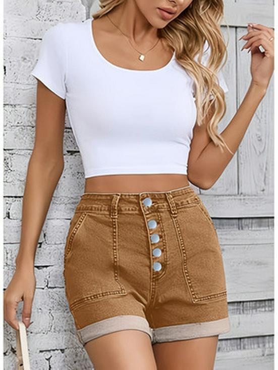 

High-Waisted Khaki Denim Shorts with Button-Down for Women - Rolled Hem, European & American Style, Slimming Wide-Leg Design. XL хаки
