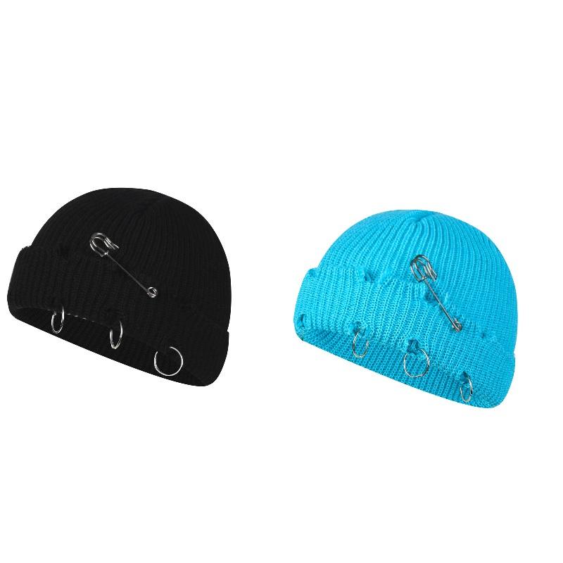 Women Girls Y2k Gothic Beanie Winter Knit Hats Trendy Metal Rings Pin Hip Hop Streetwear Harajuku Skull Cap Emo Scene Grunge