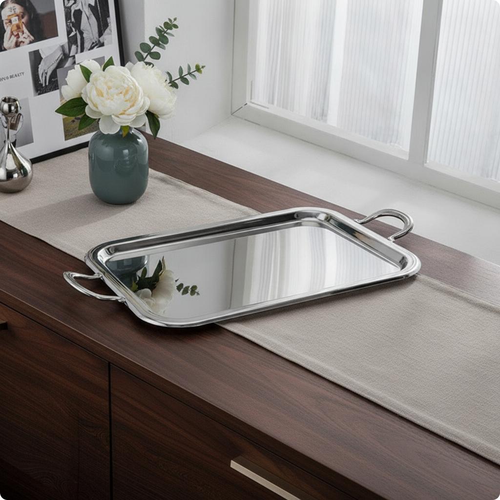 Stainless Steel Serving Tray Silver Serving Tray with Handles Decorative Shiny for Hosts, Tea Service, Bar Cart