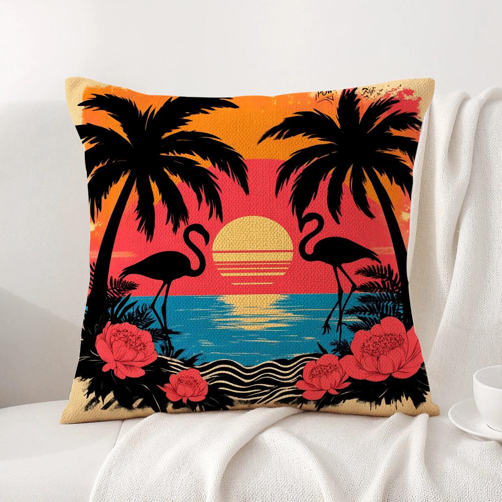 Tropical Palm Flamingo Cushion Cover Natural Linen Organic Fabric Double-Sided Printing Sofa Home Decor Gift Pillow Cover