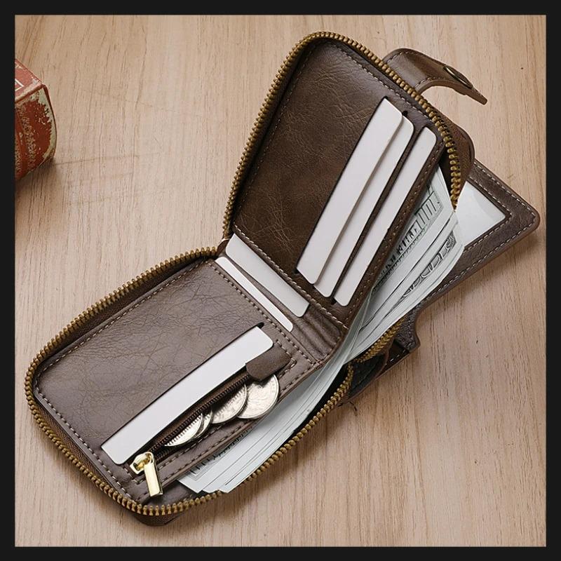 Vintage Men Pu Leather Small Wallet Short Horizontal Zipper Buckle Coin Pocket Tri-fold Fashion Multifunctional Wallet Card Bag