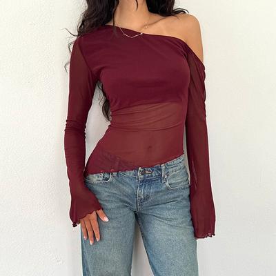 European and American Diagonal Collar Flared Sleeves Y2K Mesh See Through Sexy Slim Fit Summer Women's Top