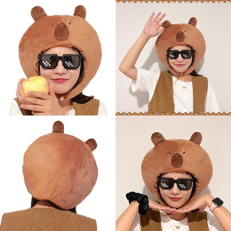 Plush 3D Capybara Hat for Family Gathering Kids Adult Lovely Cartoon Animal Plush Hat Breathable Festival Party Headgear