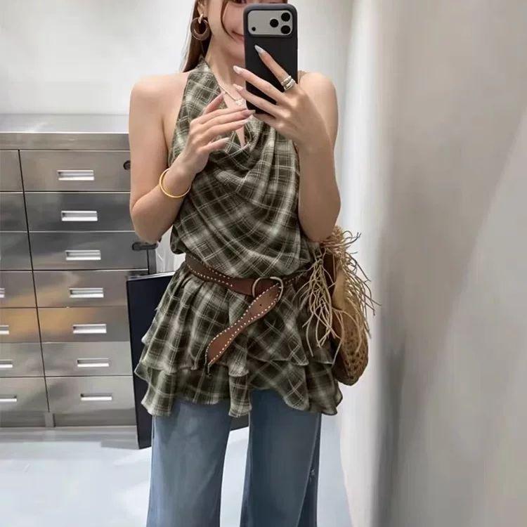 Temperament with Belt Waist Contrasting Color Plaid Hanging Neck Swinging Collar Women's New Summer Design Sense Is Thin