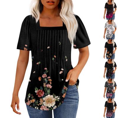 T Shirts For Women Pleated Square Neck Dressy Casual Blouses Printing Short Sleeve Summer Tops Loose Fit