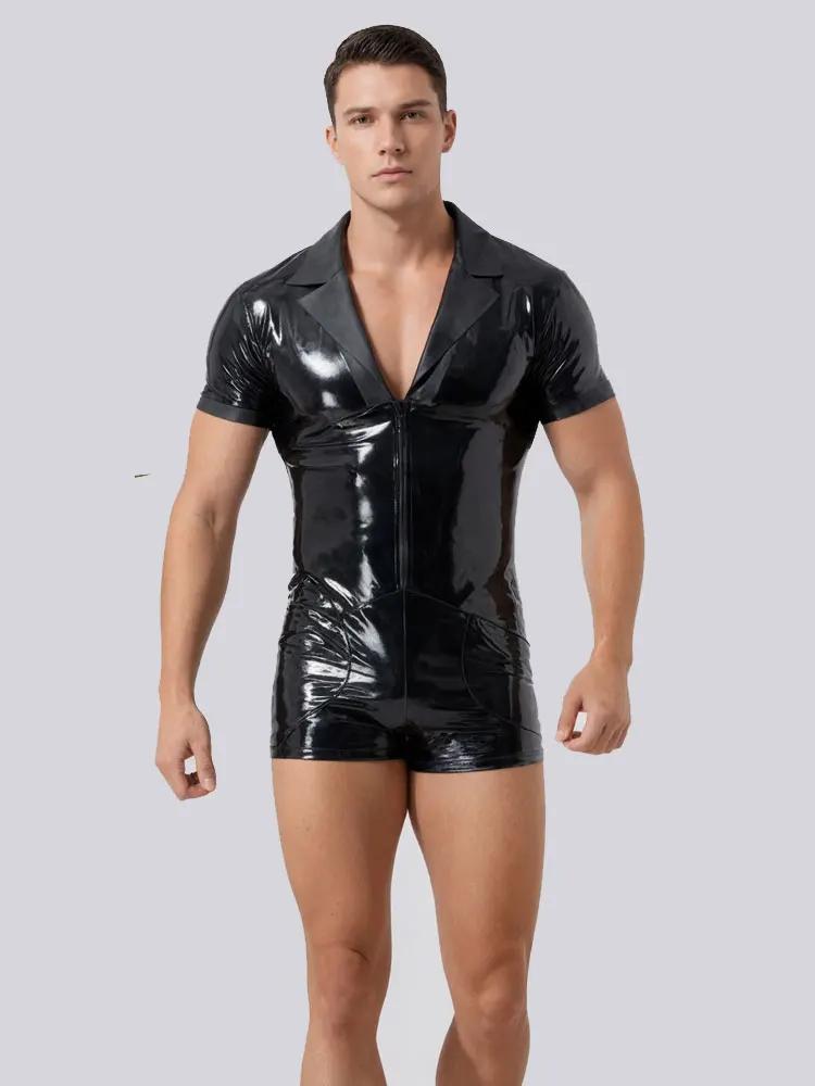 Heren V-hals Jumpsuit Sexy PVC Glanzend PU Kunstleer Bodysuit Vest Man Podium Maillot Korte Mouw Vormgevend Mannen Dans Leotard XXL black