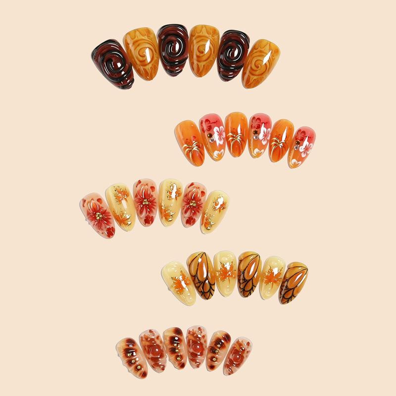 Autumn Caramel Maple Leaf Wear Nails Handmade Three-dimensional Carved Almond Nails Retro Smudged Finished Nail Art