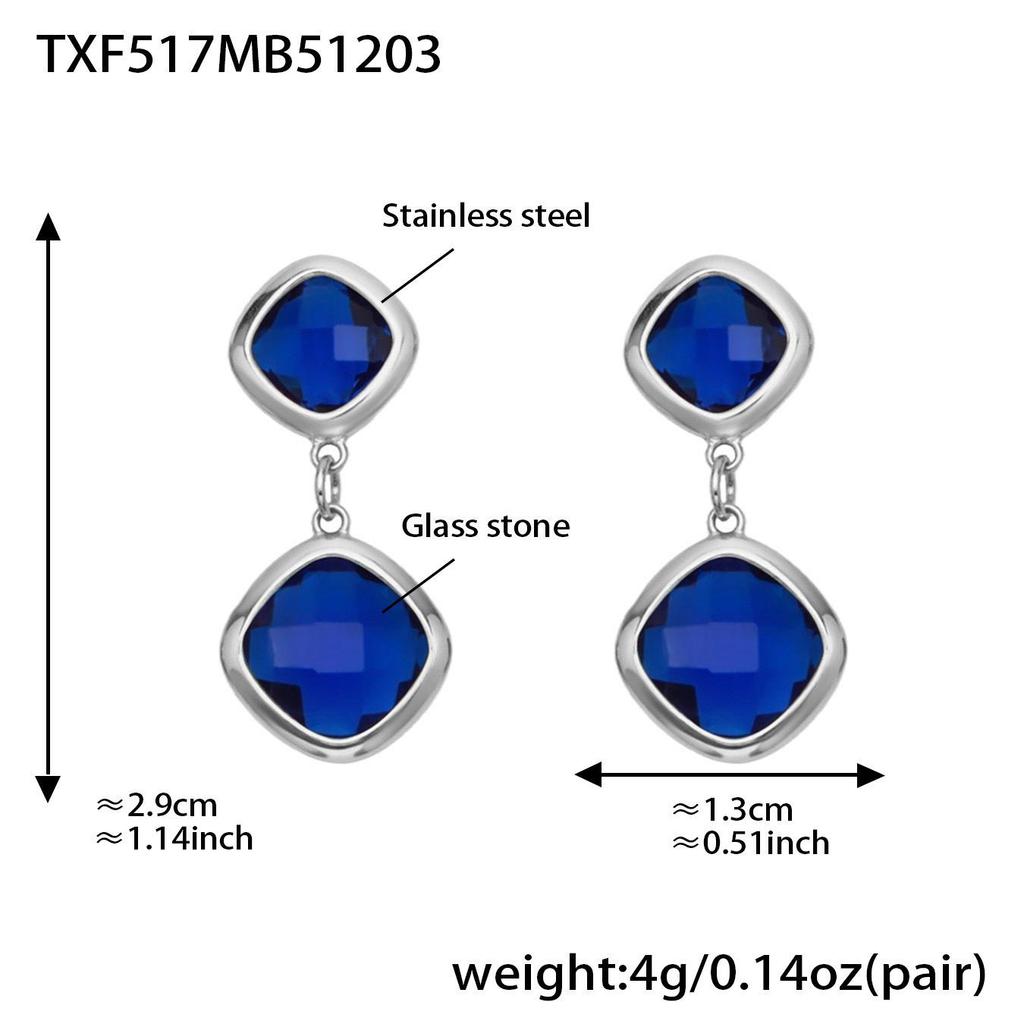Geometric Glass Stone Earrings & Stainless Steel Bead Necklace Bracelet Set - Multi-color Patchwork Jewelry