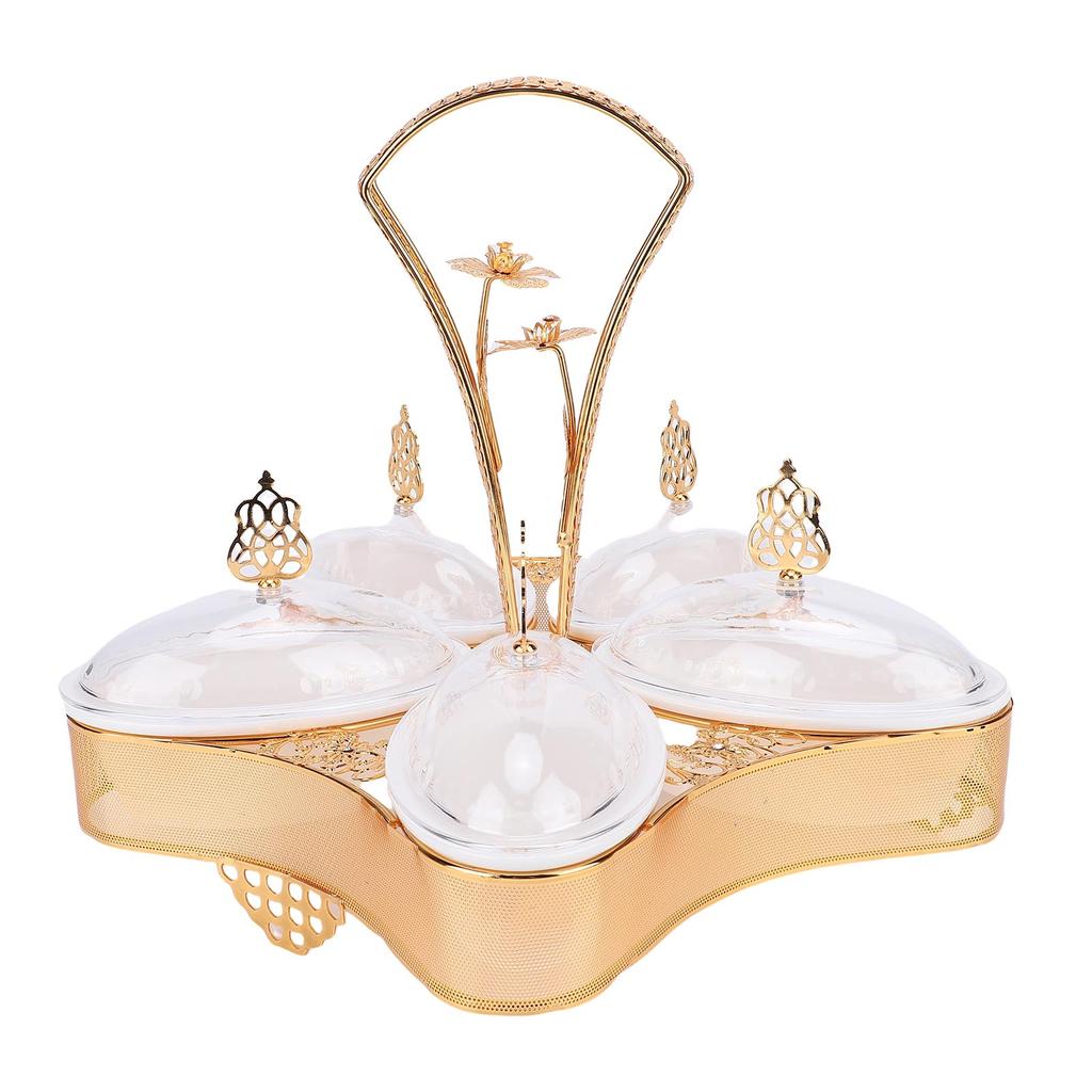 Divided Platter Gold Exquisite Serving Tray with 5 Oval Compartments Handle Lids for Fruits Nuts  
