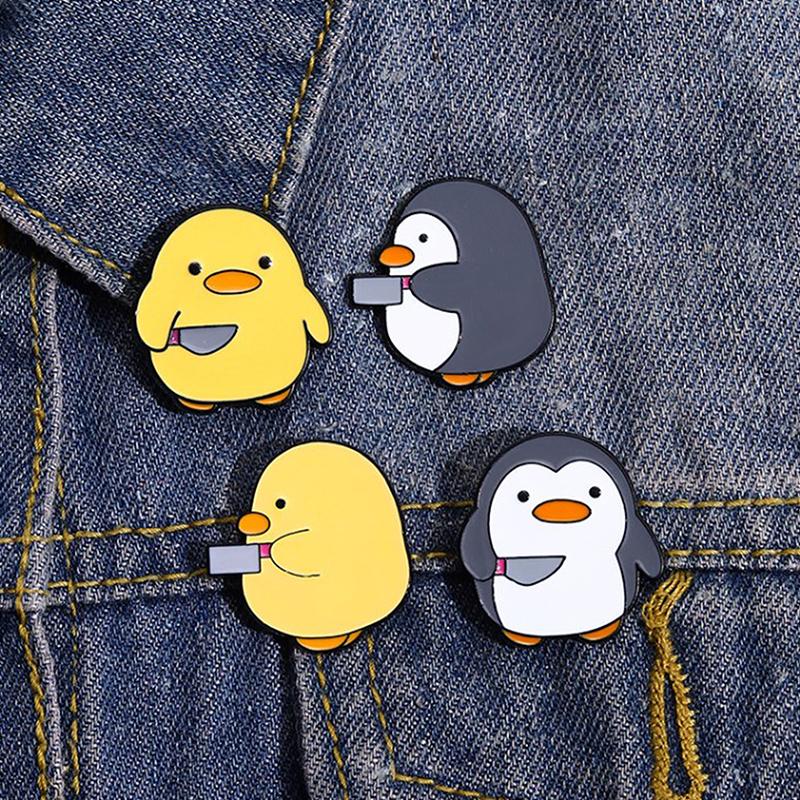 Cutie Killer Enamel Pins Chick Little Penguin Dagger Knife Brooches Lapel Badges Cartoon Fun Animal Jewelry Gift For Kids Friend