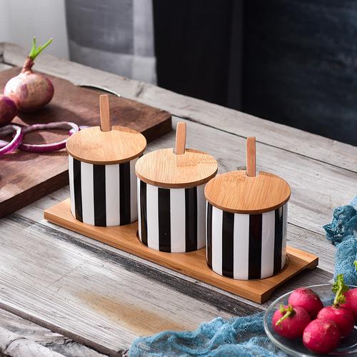 Nordic Black and White Stripes Ceramic Spice Jar Combination Set Salt Sugar Oil Soy Sauce Bottle Vinegar Pot Kitchen Supplies