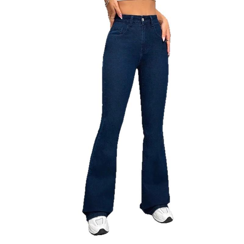 Womens Stretch Denim Flare Jeans High Waist Slim Fit Deep Blue Water Washed Casual Office Wear 2026