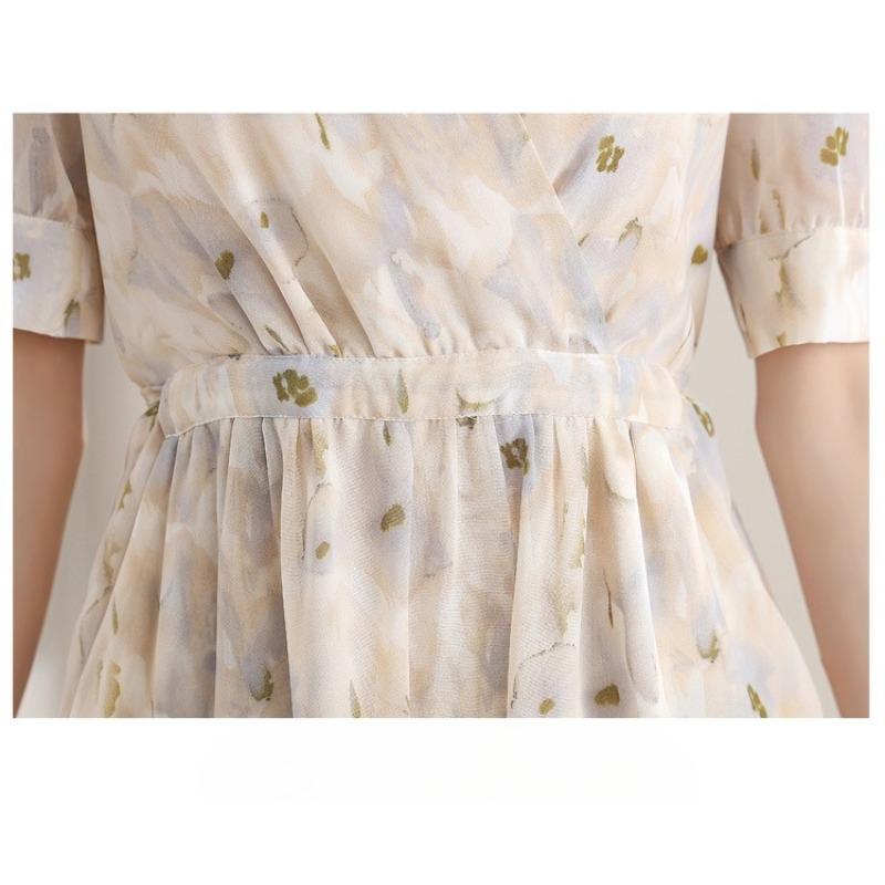 French Style Floral Dress Women Summer Long V Neck Slim Fit Elegant Tea Dress Flowy Long Dress