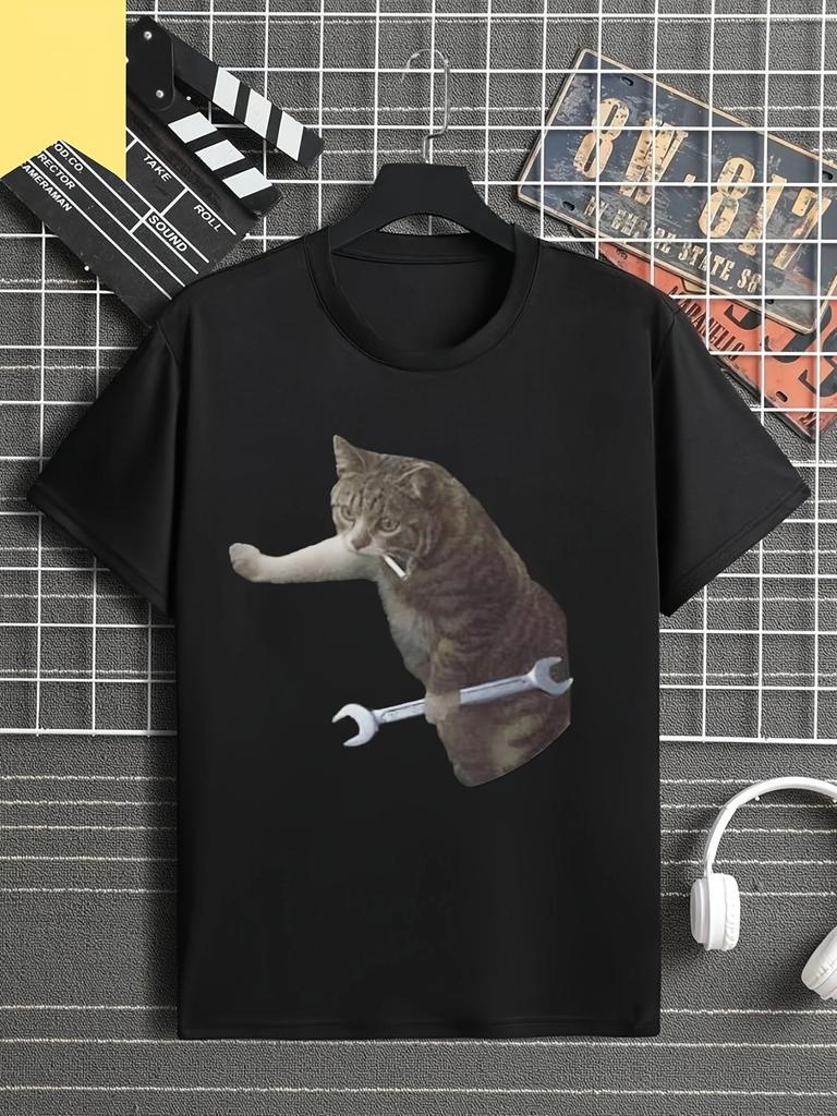 Fun Mechanical Cat Tshirt Automotive Graphic Black Print Short Sleeve Unisex Unisex Casual Streetwear Top