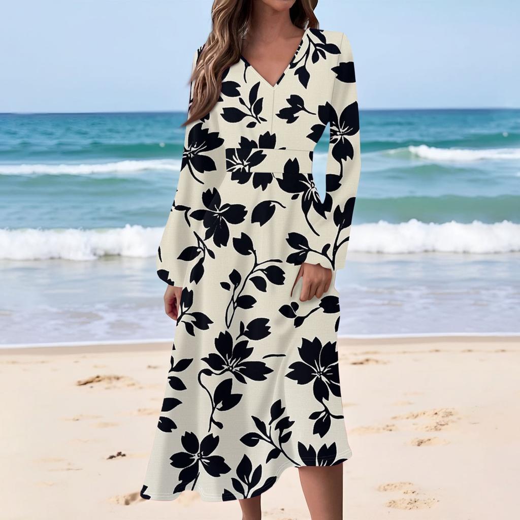 Kadın Günlük Moda Çiçek Baskılı V Yaka Uzun Kollu Belden Uzun Elbise