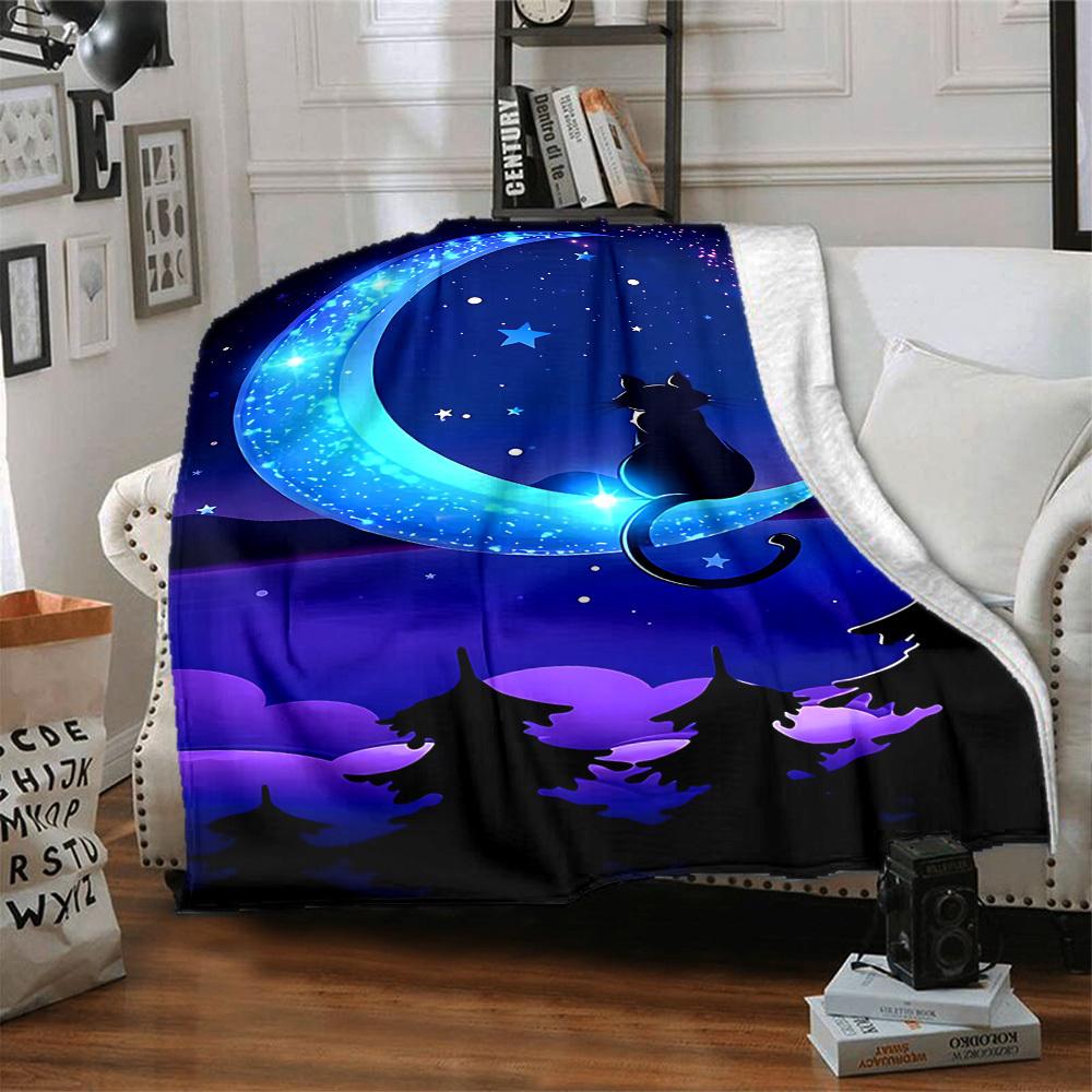 1pc Moon Cat Lightweight Flannel Blanket, Comfortable and Warm Blanket, for Office and Camping Sofa Bed, Livingroom032
