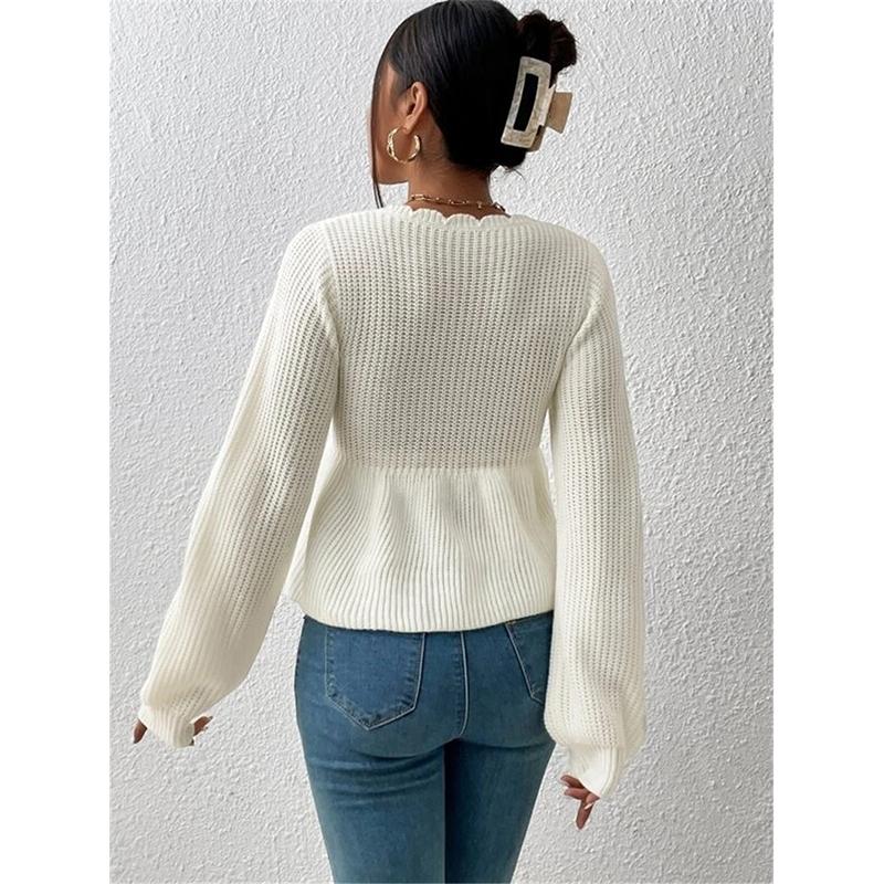 Women's Hollow Out Knitted Sweater Spring Autumn Sexy Deep V Lace Up Pullover Tops Solid Long Sleeve Knitwear Sweater Femme