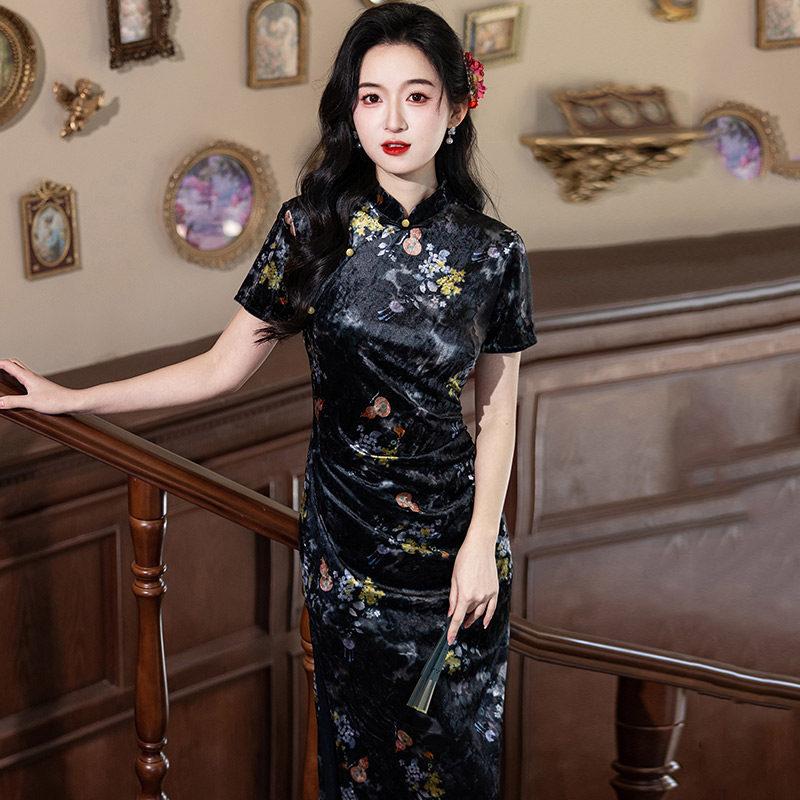 Black velvet national style new Chinese long improved cheongsam new young women's high-end dress summer