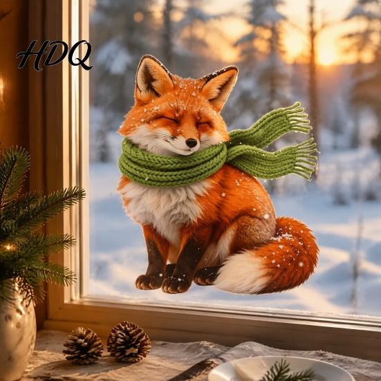 Transparent Window Film Fox Static Cling, Christmas Winter Glass Stickers, PVC Electrostatic Cling Sticker Decal for Home Door & Decoration, Removable