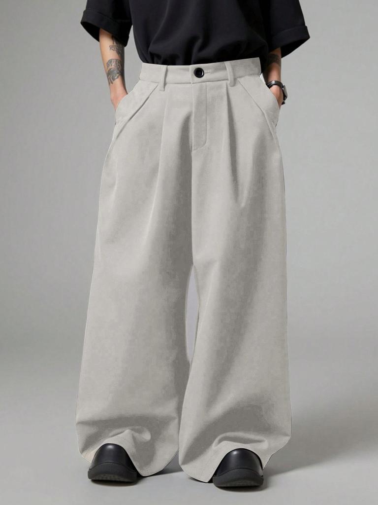Men's Loose Fit Solid Color Pleated Pants with Pockets – Cross-Border European and American Style