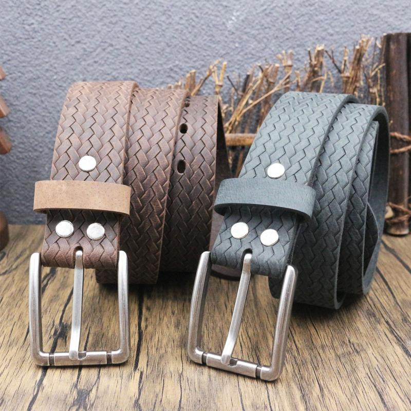 Meier Retro woven carved Crazy Horse leather belt, men's old first-layer cowhide belt