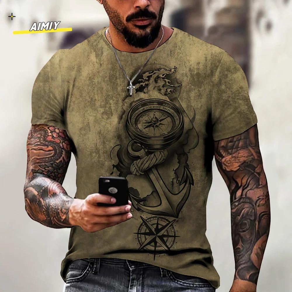 Vintage Summer Compass Pattern 3D Printed Short-sleeve Men's T-shirts Loose Daily Men Clothing Casual Streetwear