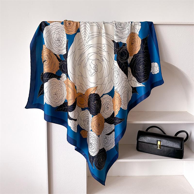 90cm Floral Print Silk Square Scarf Women Luxury Satin Shawls Neckerchief Wrap Scarves Bandana Hair Hjiab Bohemian