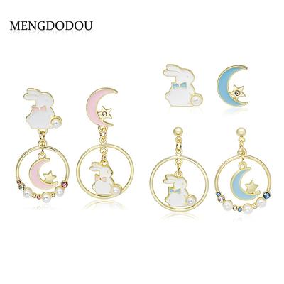 Brincos de Coelho Assimétricos Fofos de Desenho Animado, Brincos Doces Alice para Coração de Menina