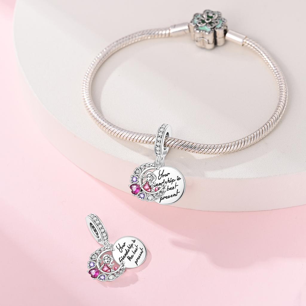 Authentic Charm Bead Charms copper Pink Heart Zircon Friendship Pendant Bead Charms Compatible With Bracelets Women Jewellery Making Diy Gift