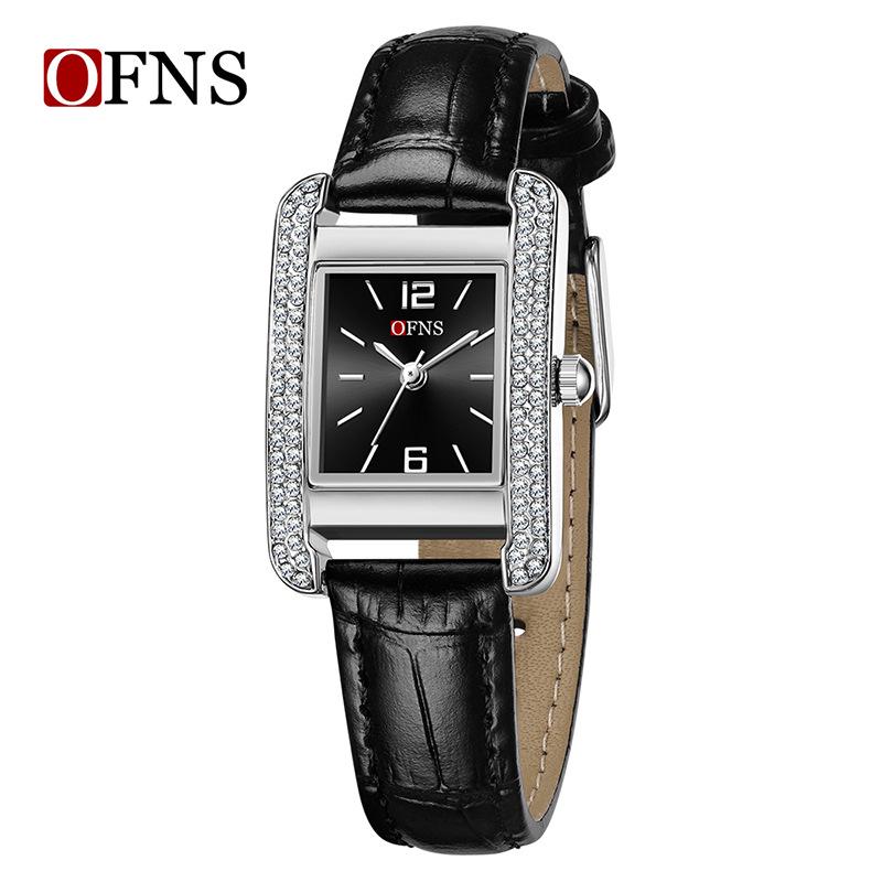 OFNS Elegant Women's Square Dial Watch: Simple Niche Bar Markers, Waterproof, Luxury Diamond Inlaid Quartz.
