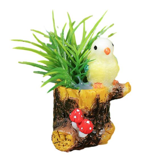 Miniatur-Feengarten-Zubehör Mini Harz Baumstumpf Figur mit Vogel Und Künstliche Pflanzen für DIY Moos-Terrarien Basteln Heimdekoration