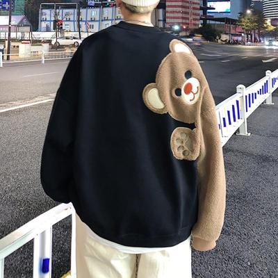 Couple Sweatshirt Fall Winter Cartoon Bear Round Collar Long Sleeves Casual Loose Oversized Soft Warm Men Women Sport Top