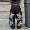 Męskie Spodnie Jeansowe Streetwear Luźne Proste z Haftowanym Detalem Casualowe Jeansy dla Nastolatków Dorosłych