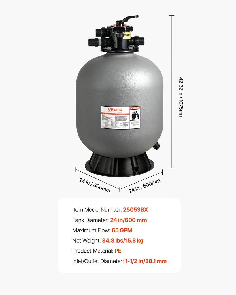 Sand Filter, 609.6 mm, 246.1 LPM Above Inground Swimming Pool Sand Filter System, with 7-Way Multi-Port Valve, Backwash, Rinse, Recirculate, Waste,