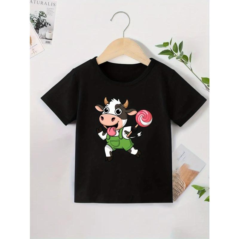 European Size Boys Round-neck Short-sleeved T-shirt with Cartoon Cow Holding Lollipop Pattern Print