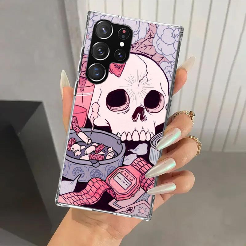 Pink Cat Skull Sorceress Witch Phone Case for Samsung Galaxy S26 S24 S23 Ultra S25 Edge S22 S21 Plus S20 FE + Soft Print Shell F
