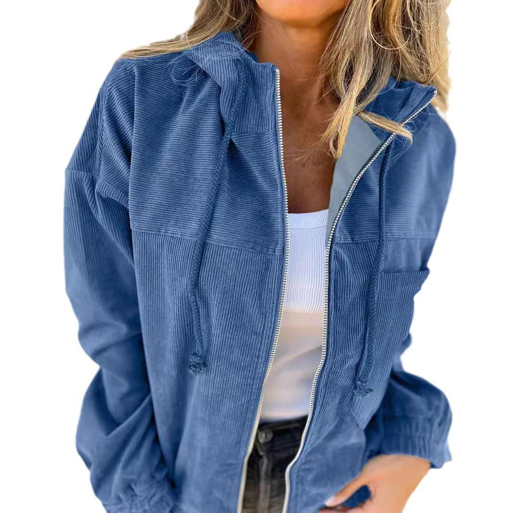 Women's Corduroy Hooded Jacket with Zip Front In Dark Grey, Khaki, Pink, and Blue