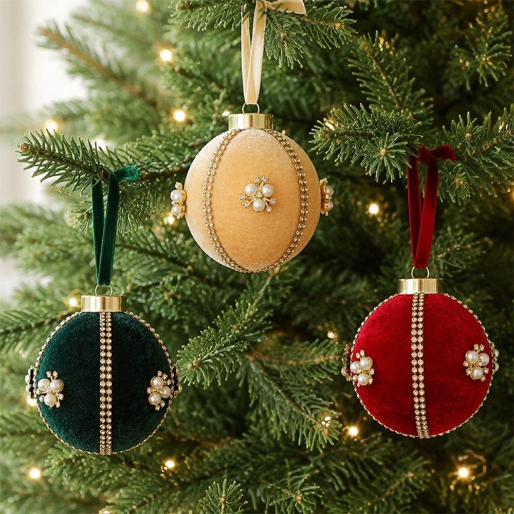 Velvet Finish Christmas Ball Ornament Rhinestone Trim Faux Pearl Accents Christmas Tree Ornament Round Shape Hanging Ribbon