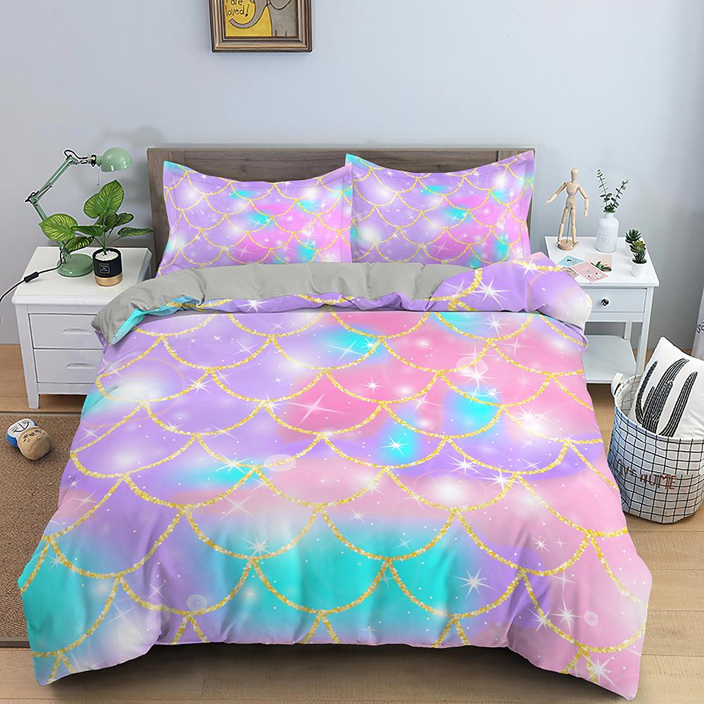 Fish Scales Duvet Cover Set Colorful Mermaid Polyester Comforter Cover With Pillowcase King Queen Full Size For Boys Girl Teen