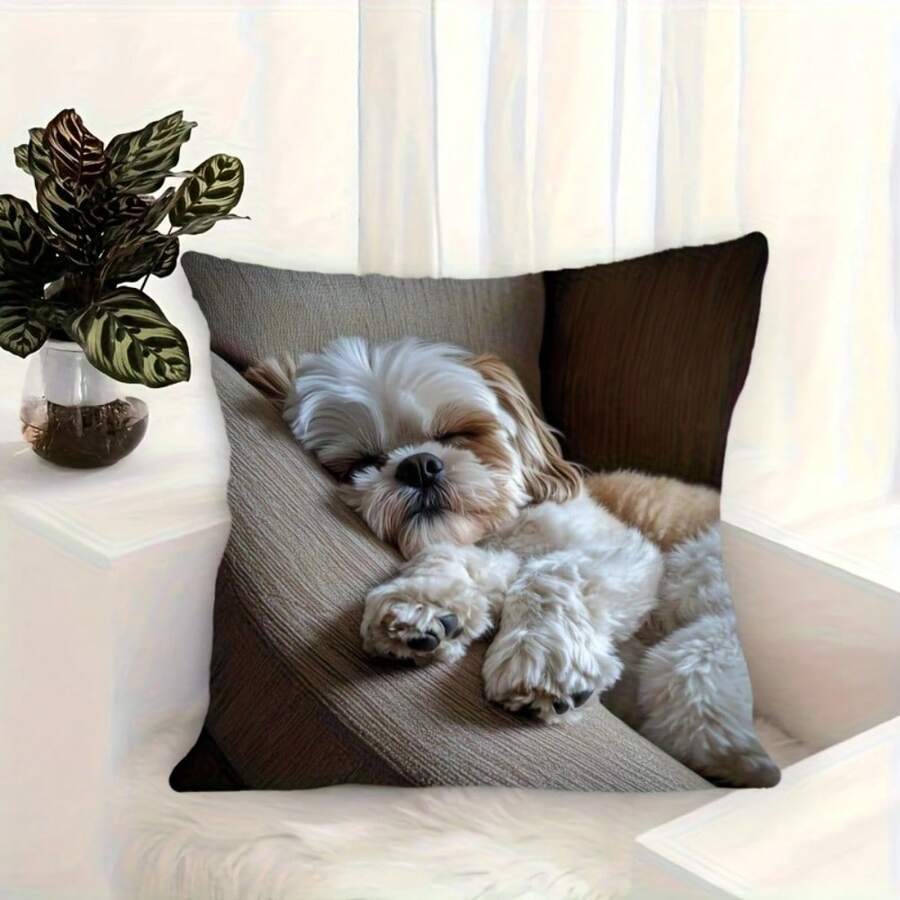 Cute Sleeping Dog Cushion Cover Shih Tzu Puppy Print Decorative Pillow Case Realistic Pet Art Home Sofa Living Room BedroomDecor