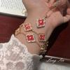 French Vintage Brushed Full Stone Clover Jewelry Set Necklace Bracelet Earrings Ring Women