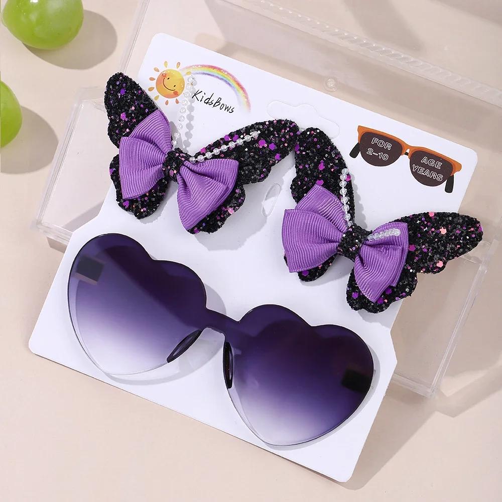 Lovely Sparkling Butterfly Hair Clip Hair Accessories Glasses Set Fashion Wave Point Kids Hairgripes Love Glasses Girls Headwear