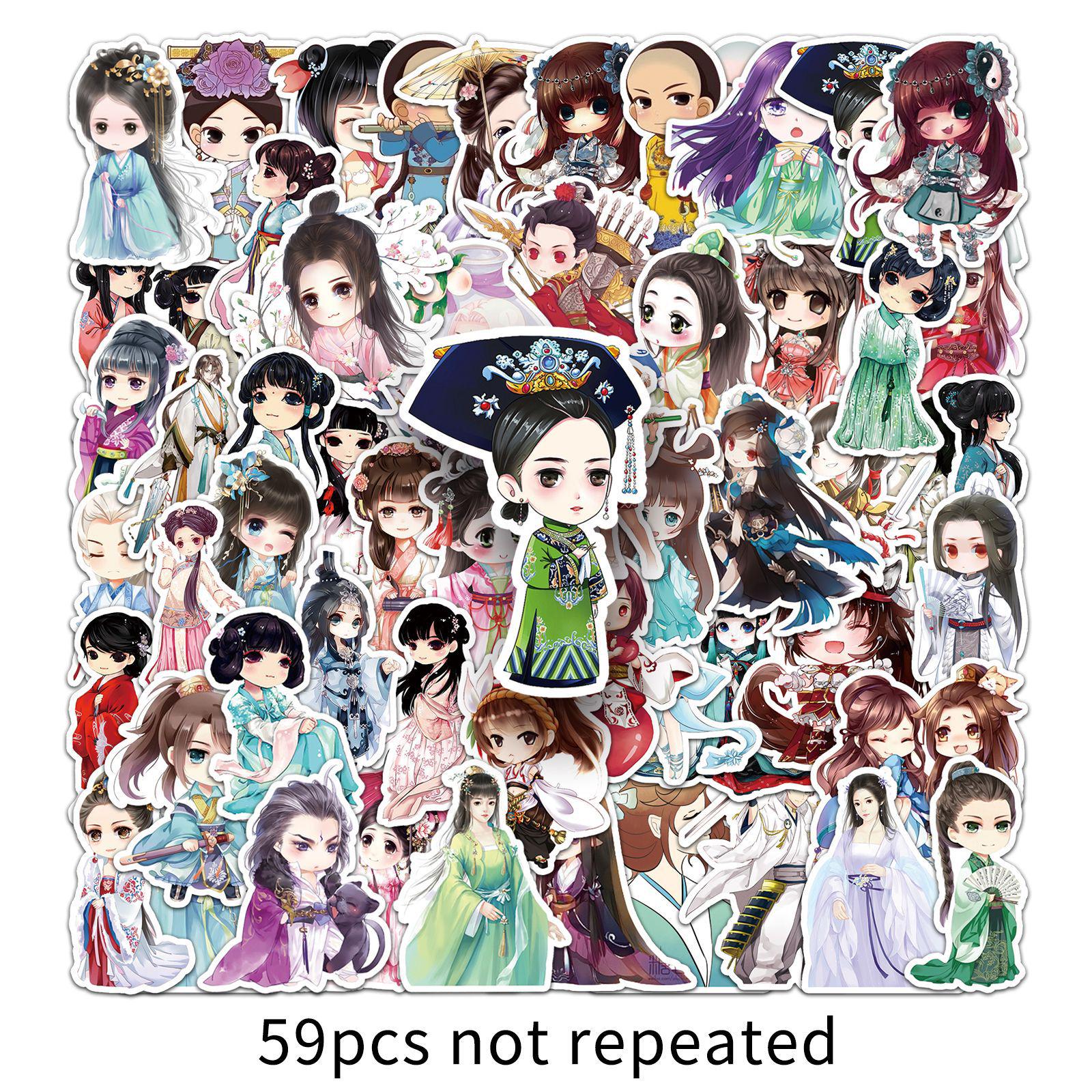 59 Chinese Style Hanfu Cartoon Stickers: Cute Hand-painted Character Decals for Journals