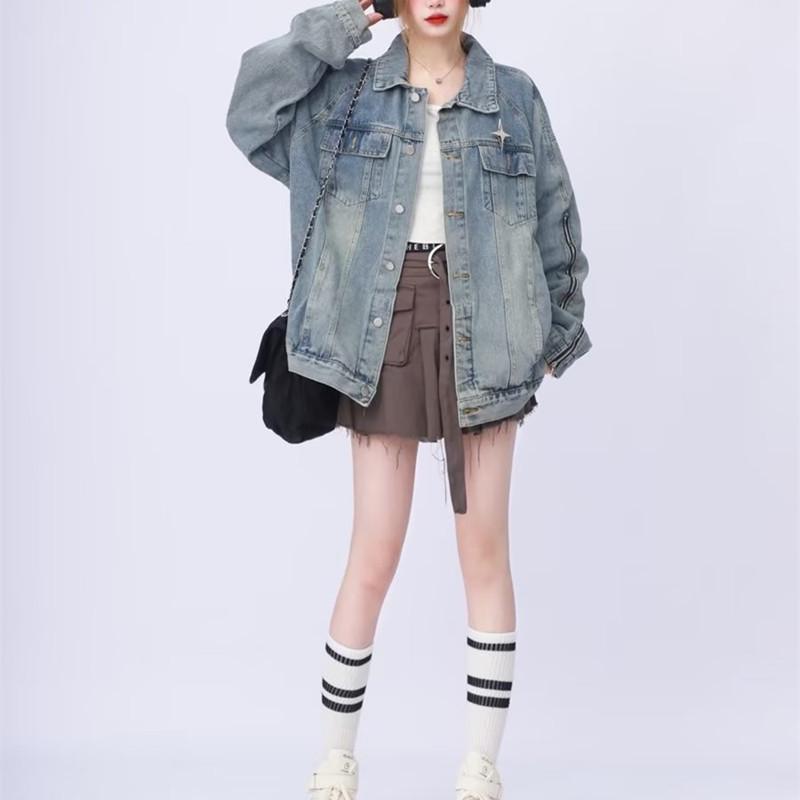 

Унисекс Ретро Джинсовая Куртка - Весна/Осень Повседневный Свободный Дизайн на Молнии L синий