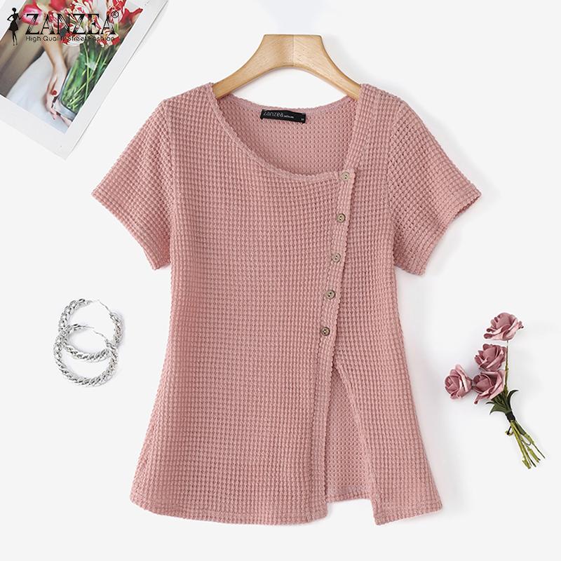 ZANZEA Womens Summer Round Neck Casual Short Sleeve Blouse