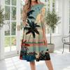 Women's Casual Mid-Length Dress with Round Neck Hawaiian Print Three-Quarter Sleeve Comfortable Fit Summer Dress for Daily Wear